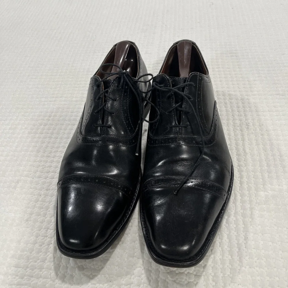 Allen Edmonds Mens Evanston Black 9.5 D Leather Cap Toe Brogue Oxford Dress Shoe